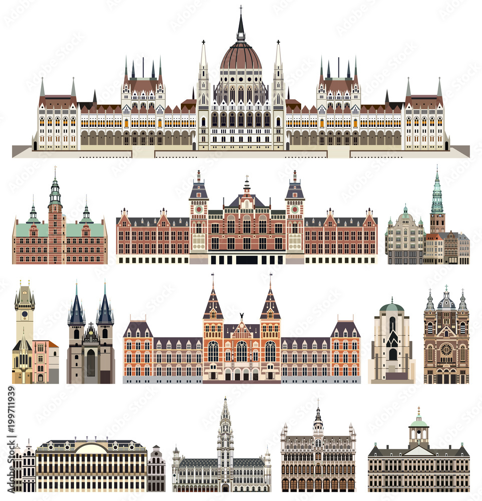 Fototapeta premium wektor zestaw izolowanych katedr, pałaców, domów, budynków i innych elementów sylwetki na tle nieba miast