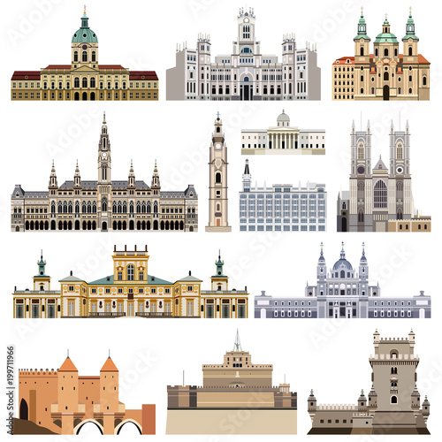 castles, houses, buildings, palaces and other elements and landmarks of city skyline vector set
