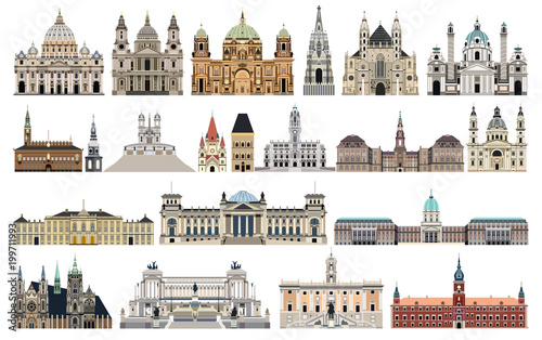 vector landmarks, city halls, cathedrals, temples, churches, palaces and other  skyline elements