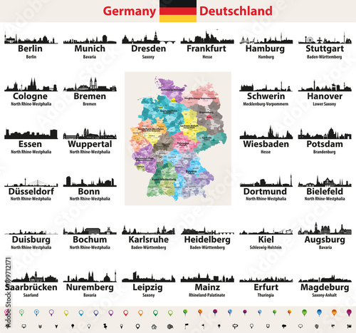 Germany map with largest cities skylines silhouettes vector set