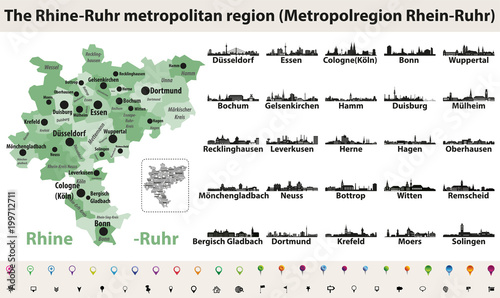 Rhine-Ruhr metropolitam area vector map with largest cities skylines silhouettes