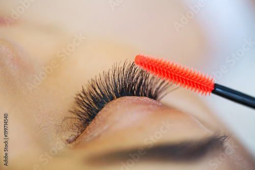 Woman eye with long eyelashes. Mascara Brush. High quality image