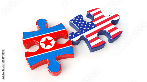 USA and North Korea flags on puzzle pieces. Political relationship concept.