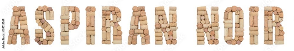 Grape variety Aspiran Noir made of wine corks Isolated on white background