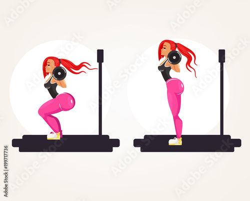 Sporty fitness bodybuilder athlete instructor teacher woman doing exercise squat with heavy barbell. Sport squatting activity bodybuilding instruction training sample example concept. Vector flat