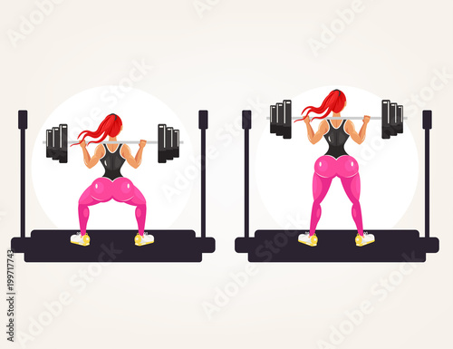 Sporty fitness bodybuilder athlete instructor teacher woman doing exercise squat with heavy barbell. Sport squatting activity bodybuilding instruction training sample example concept. Vector flat