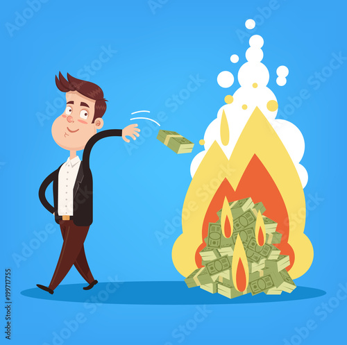 Happy smiling rich millionaire politician businessman entrepreneur character dropping money banknote dollars currency on fire. Money burn corruption crisis crime concept. Financial fail inflation