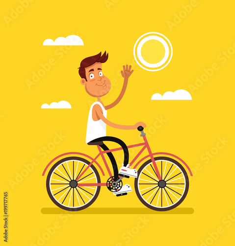 Happy smiling man bicyclist biker character riding bicycle and waving hand say hello. Sport healthy active lifestyle travel summer time concept. Vector flat graphic design isolated illustration