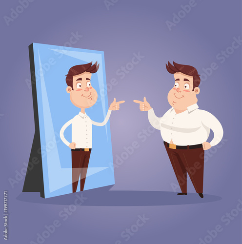 Fat narcissist positive confident office worker businessman character looking at mirror and see slim attractive sporty athlete thin man in reflection. Motivation dream goal hope transformation