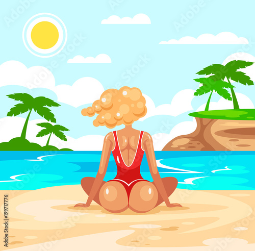 Sexy model beautiful woman character in bikini swimsuit sunbathing resting relaxing sitting on island beach sand coast ocean seaboard seaside shore and looking on water. Vacation resort tour travel 