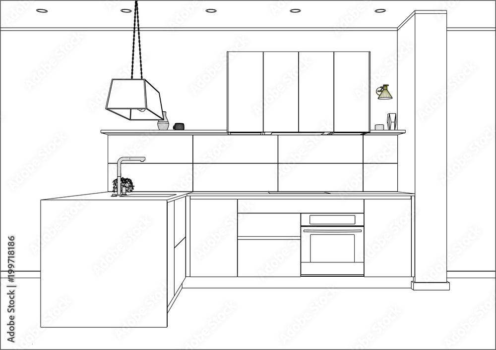 3D vector sketch. Modern kitchen furniture design in home interior