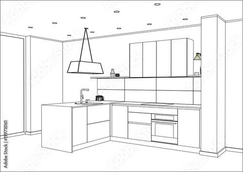 3D vector sketch. Modern kitchen design in home interior. Kitchen sketch with decorations and appliances. Kitchen peninsula in the room. Pendant light. Home Interior Design Software Programs.