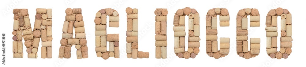 Grape variety Magliocco made of wine corks Isolated on white background