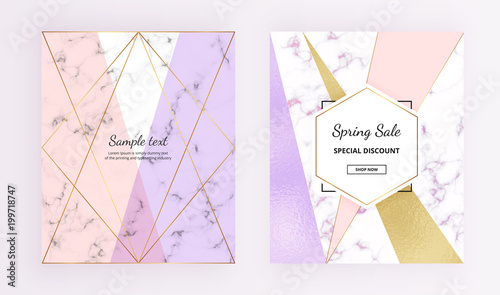 Cover geometric design with marble and foil texture, gold glitter lines, pink, purple colors background. Trendy template for design card, banner, online, email, web, social media, flyer