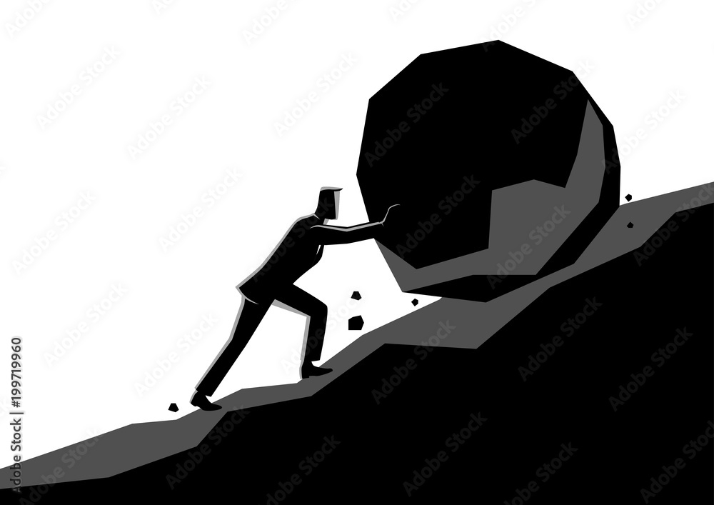 Fotografie Businessman pushing large stone uphill