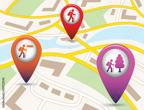 Set of tourism service map pointers on map