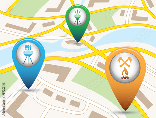 Set of tourism service map pointers on map