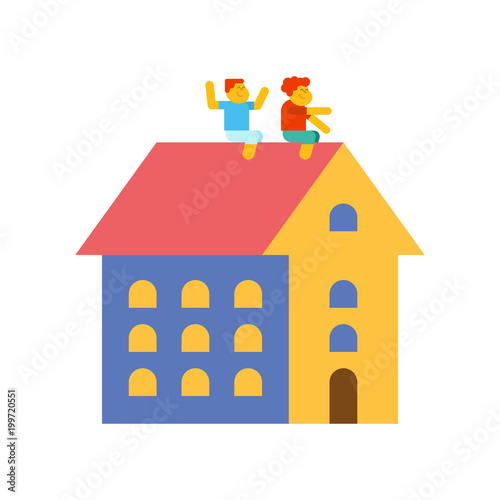 Children play on roof of house. Vector illustration