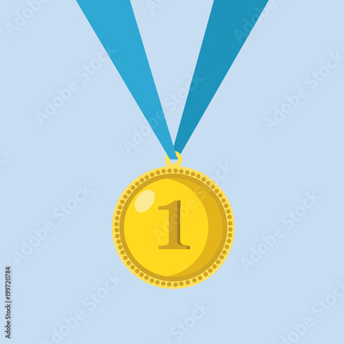 Medal for 1st, first place. Golden,  trophy, winner award isolated on blue background. Badge and ribbon, glossy prize, reward. Achievement, sport victory concept. Vector flat icon