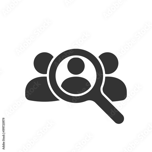 Search for employees and job, business, human resource icon in flat style. Search people illustration on white isolated background. Focus group, public relations sign concept.