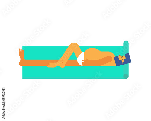 Hipster is sunbathing on towel. Summer illustration