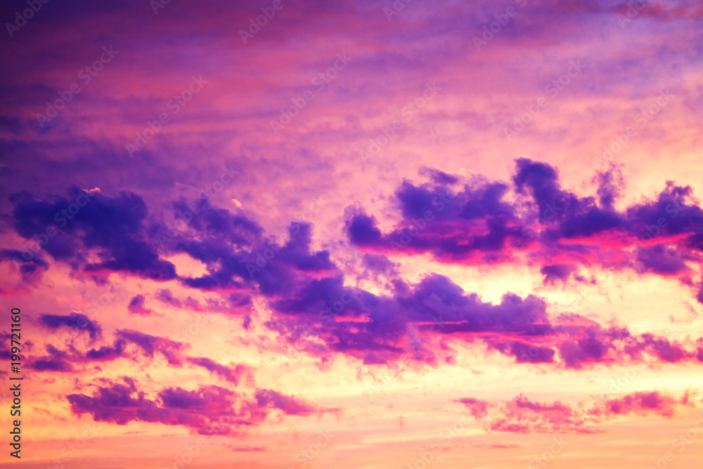 purple landscape with sky, clouds and sunrise a view