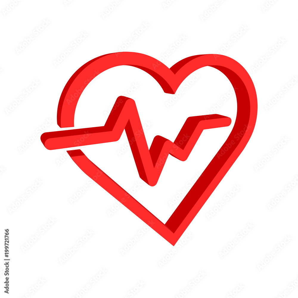 Heartbeat line with heart icon in flat style. Heartbeat illustration on white isolated background. 3D Heart rhythm concept. Heartbeat line with heart icon in flat style. Heartbeat illustration on white isolated background. 3D Heart rhythm concept.
