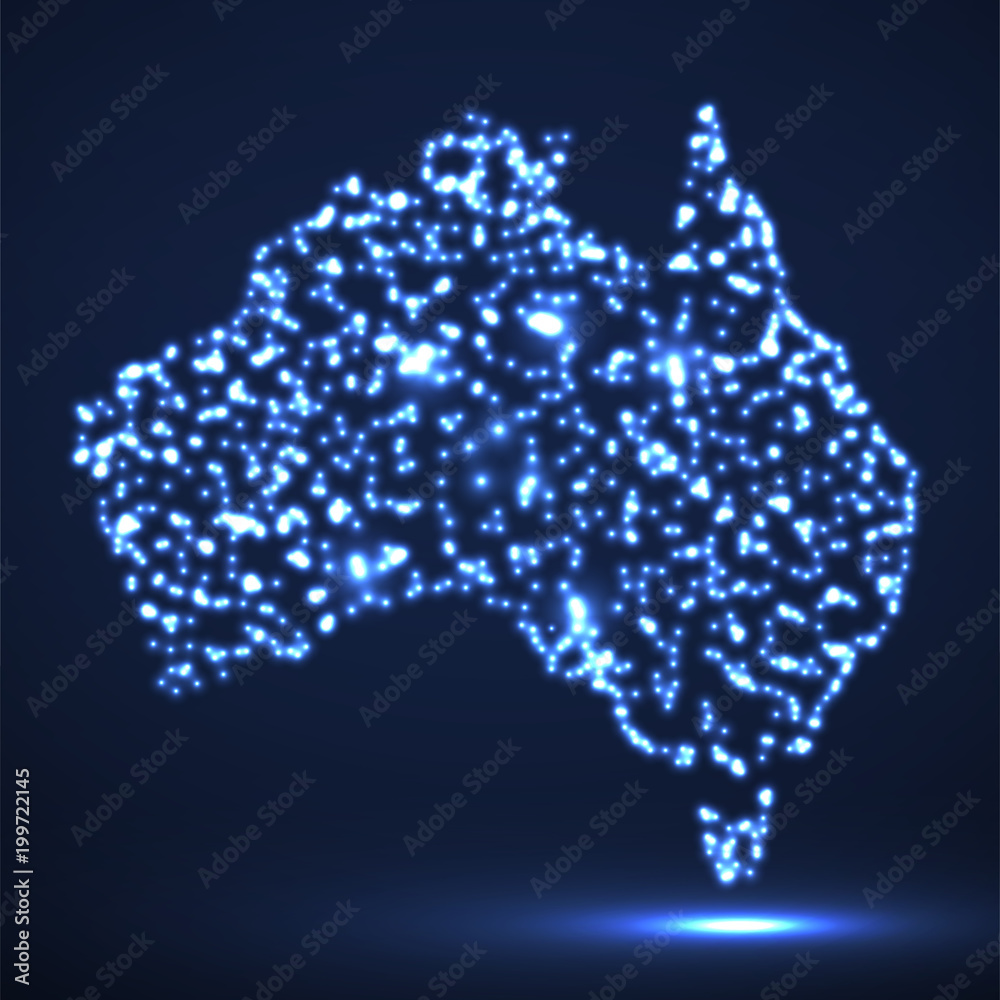 Abstract map of Australia with glowing particles