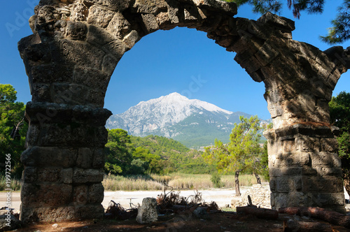 Mountain peak in the arch of the aqueduct