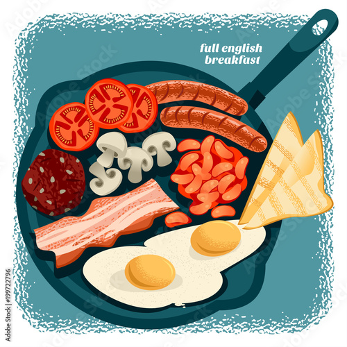 Full english breakfast. Fried egg, beans, tomatoes, mushrooms, bacon, black pudding and toast.