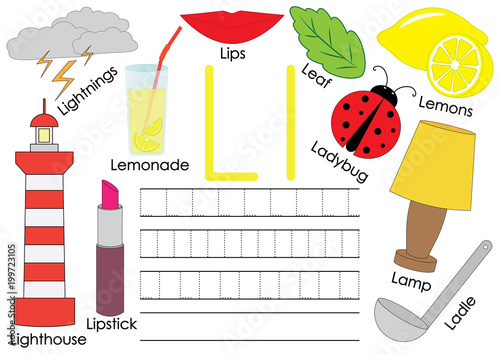 Letter L. Card with pictures and writing practice for preschool children. Learning English language.
