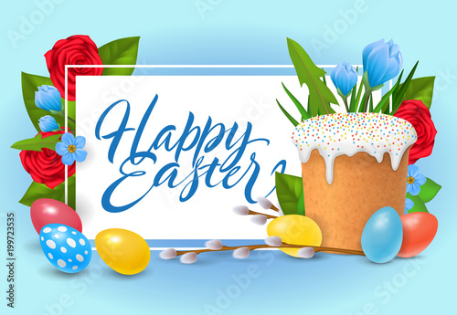 Happy Easter lettering. Religious celebration inscription with colorful eggs and Easter cake. Handwritten text, calligraphy. Can be used for greeting cards, posters and leaflets