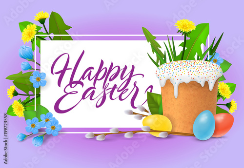 Happy Easter lettering. Celebration inscription with sweet kulich. Handwritten text, calligraphy. Can be used for greeting cards, posters and leaflets
