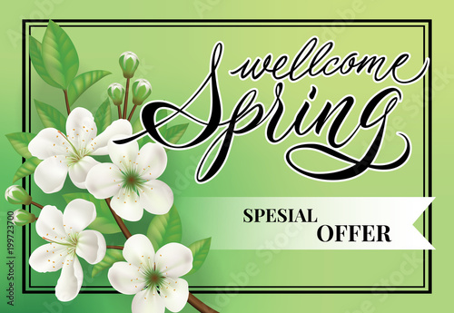 Welcome spring Special offer lettering. Shopping inscription with apple blossom flowers. Handwritten text, calligraphy. Can be used for greeting cards, posters and leaflets