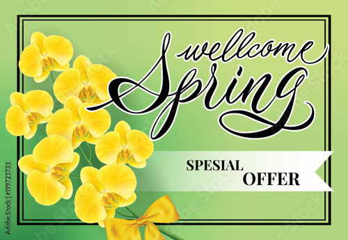 Welcome spring Special offer lettering. Creative inscription with flower twig. Handwritten text, calligraphy. Can be used for greeting cards, posters and leaflets