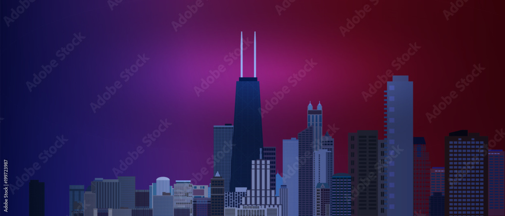 Obraz premium Chicago centrum biznesu i finansów tle obszaru z drapaczami chmur na tle niebieskim i czerwonym. Wspaniały widok na duże miasto w usa. Ilustracja wektorowa Eps10