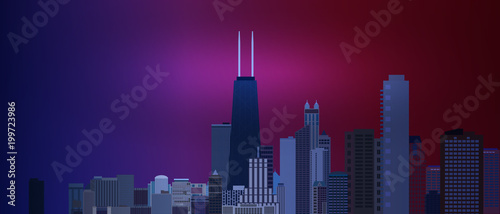 Chicago downtown business and finance area background with skyscrapers on blue and red background. Great view of big usa city. Vector illustration EPS10