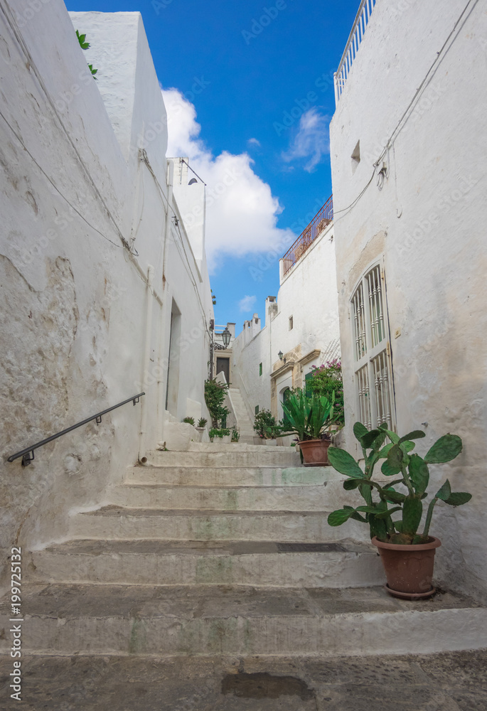 Naklejka premium Ostuni (Puglia, Italy) - The gorgeous white city in province of Brindisi, Apulia region, Southern Italy, with the old historic center on the hill and beside the sea