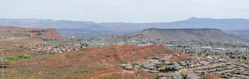 Desert and city panoramic views from hiking trails around St. George Utah around Beck Hill, Chuckwalla, Turtle Wall, Paradise Rim, and Halfway Wash trails in Western USA