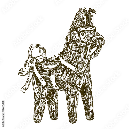 Donkey pinata. Engraving style. Monochrome. Vector illustration