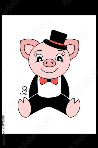 Pig in a suit and hat. Cartoon piggy. Chinese horoscope 2019 year symbol
