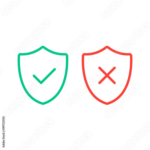 Free Download Thin line shields with check mark icons. Outline shields with green tick and red cross checkmarks flat line icons set. Vector illustration  - GFXLoad