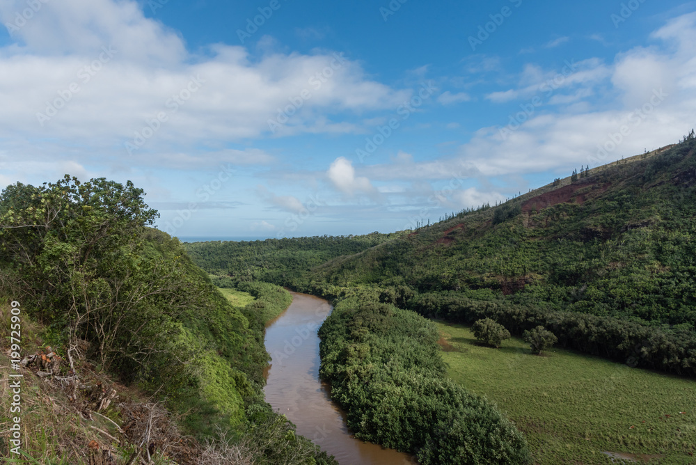 Picturesque Wailua River vista after a major rainstorm on Kauai, Hawaii