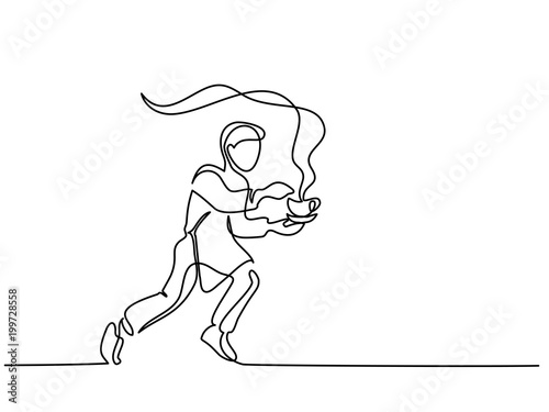 Boy garson running with cup of tea coffee. Continuous line drawing. Vector illustration on white background