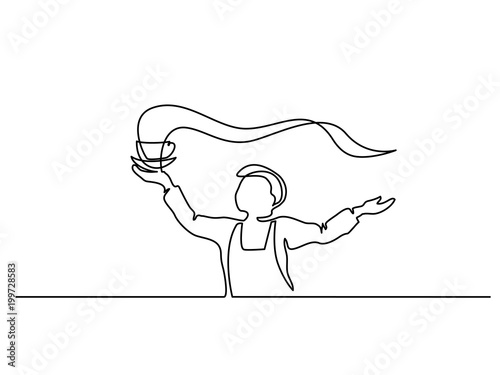 Boy garson with cup of tea coffee. Continuous line drawing. Vector illustration on white background