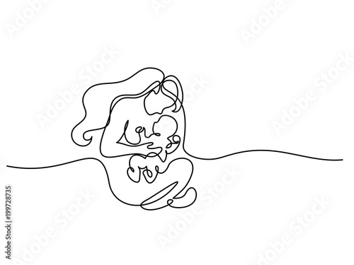 Continuous line drawing. Logo with mother holding her baby. Vector illustration