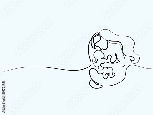 Continuous line drawing. Logo with mother holding her baby. Vector illustration