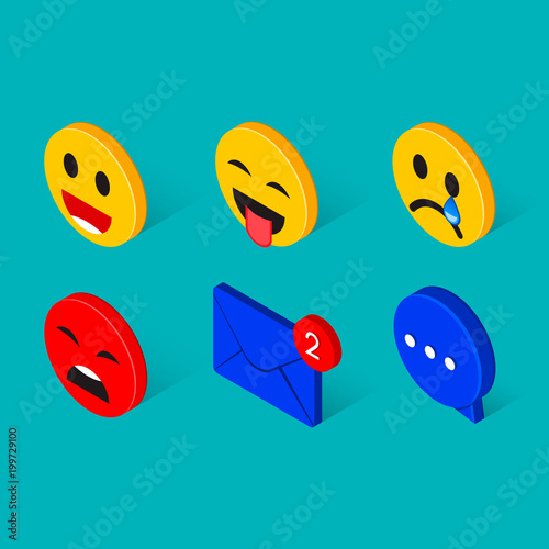Social Like smile expression chat isometric collection. Flat emoji emoticon reactions color icon set. Chatting element