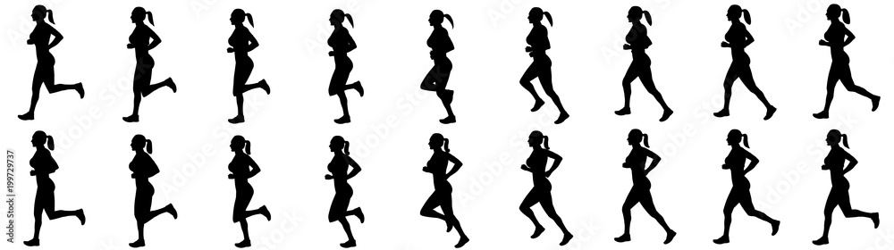 Girl Run Cycle Animation Sprite Sheet, jogging, Running, Silhouette