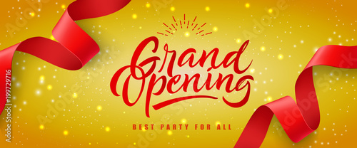 Grand opening, best party for all festive banner design with red streamer on yellow glittering background. Lettering can be used for invitations, signs, announcements.
